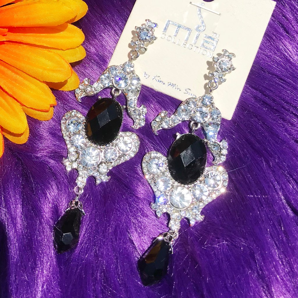 Boho Earrings Long Rhinestone Black Bead Posts Nwt